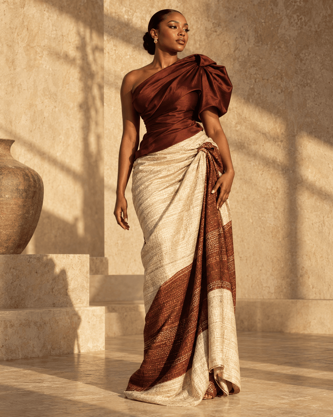 Model wearing a sculptural oxblood silk top and patterned ivory and brown wrapper in a warm stone studio